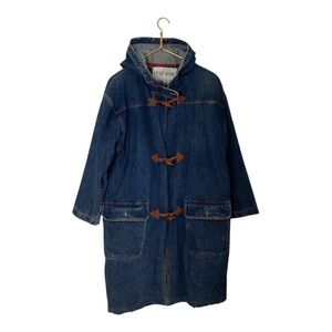 VTG  90s Denim Red Plaid Lined Toggle Hooded Denim Chore Coat With Hood Size L